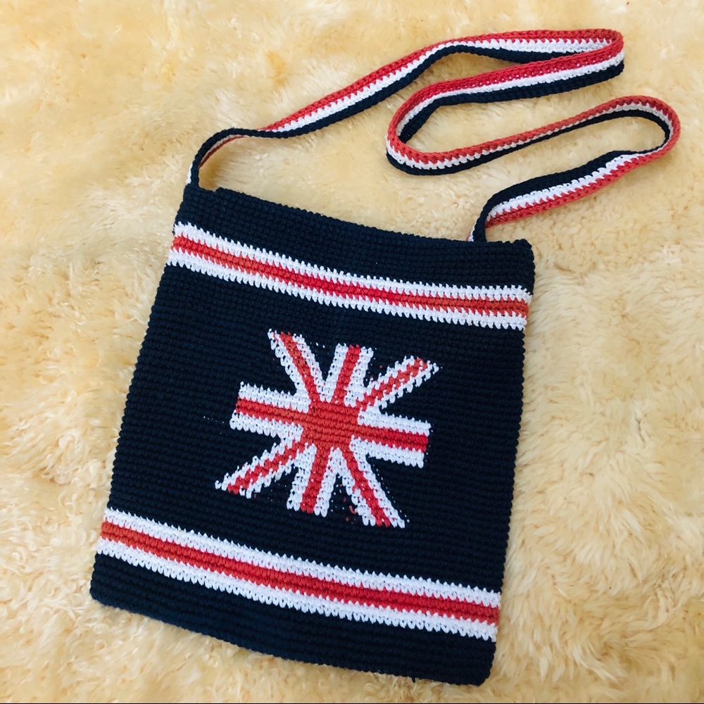 British Flag knit crocheted crossbody shoulder book bag purse